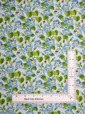 Blue Flowers Bees Fabric Buzzy Bee Jane Alison Cotton by Henry Glass By Yard
