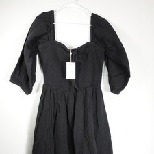 New Quince Women's Lg Black Organic Cotton Gauze Smocked Square Neck Midi Dress