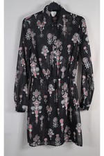 Womens Black Sheer Floral Dress Long Sleeve Button Front Size S Dress r2164