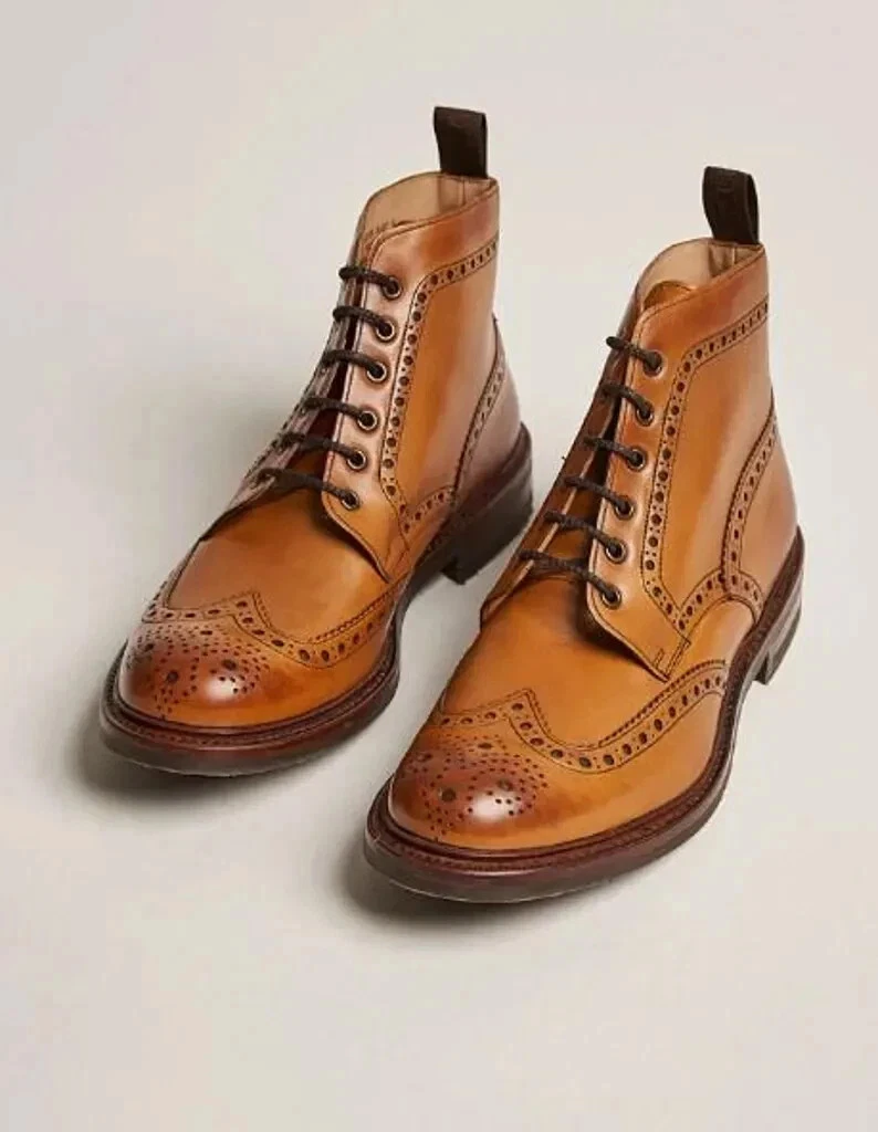Handmade Tan/Brown Orignal Quality Leather Lace Up Wingtip Dress Boots For Men