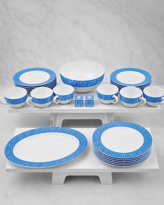 28 teiliges Geschirrset Jonathan Adler Greek Key blau silber weiß Teller Schüsseln Tassen