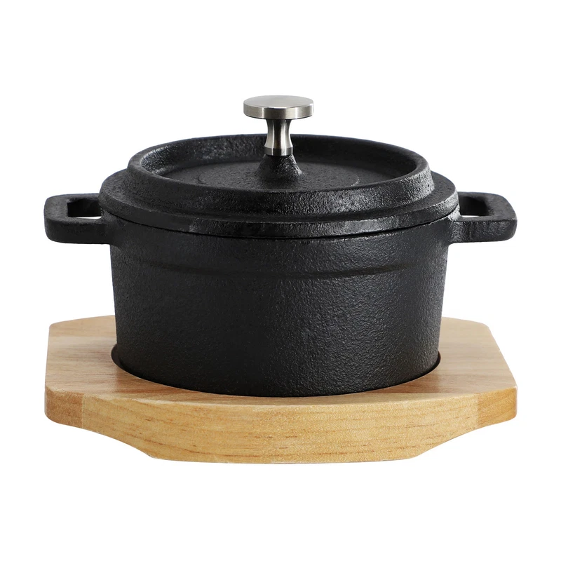 MegaChef mini cast iron 8 oz Dutch oven with a wood tray