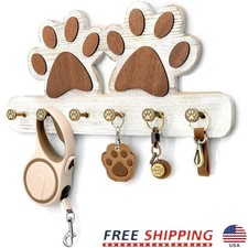 Cute Dog Leash Holder W/ 6 Hooks Rustic Wall Mount Key Organizer Pet Supplies US