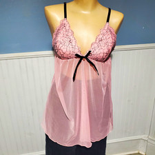 Vintage Pink Sheer Mesh Babydoll Slip Dress Black Lace Trim Bow size m coquette
