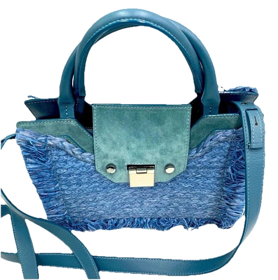 Auténtico Bolso de Mano Jimmy Choo Azul Anochecer Rafia Gamuza Rebelde 2 Vías Asa Superior Foto 3 de 4