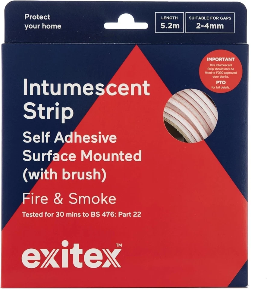Exitex 5.2m Intumescent Strip Fire Smoke Door Seal Self Adhesive Surface Mounted
