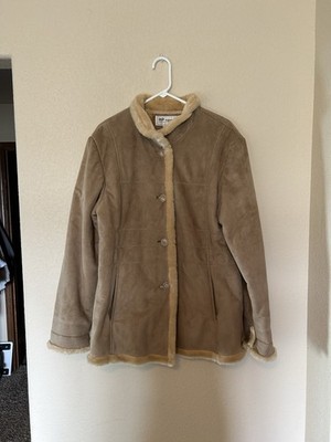 RP Sport Faux Suede Sherpa Coat Tan Button Front Jacket Size XL Faux Fur