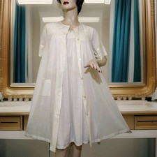 Vintage Shadowline Lightweight Cotton Free Bust Nightgown Gown Robe Set S - M