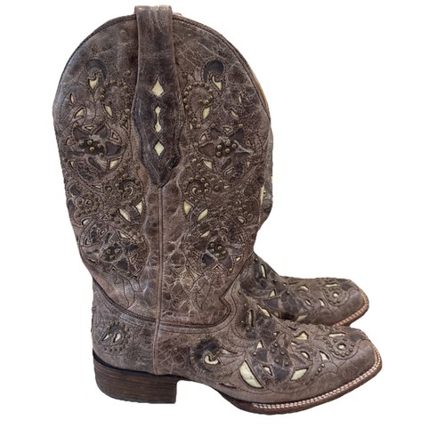 Corral Western Boots Womens 9.5 M Leather Square Toe w/ Inlay & Studs Cowgirl
