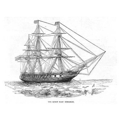 VERSAND Segelschiff The Queen East Indiaman - antiker Druck 1842