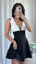 ZARA V-NECK CONTRASTING SHORT DRESS WITH BOWS REF. BLACK&WHITE| 8171/777/800