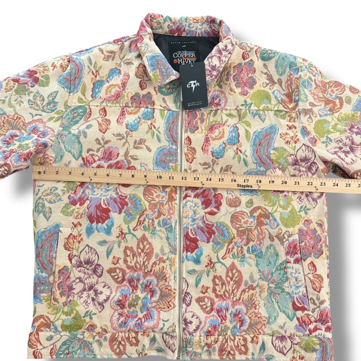 Copper Rivet Mens L Floral Tapestry Jacket Beige Multicolor