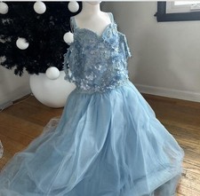 Blue floral ball gown girls dress with bow, lace, and 3D flowers