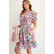 Easel Floral Print Peach Blossom Tiered Dress Smocked Waist White Multi small