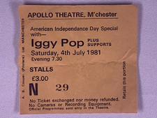 Iggy Pop Ticket Vintage Original Party Tour Apollo Theatre Manchester c.1981