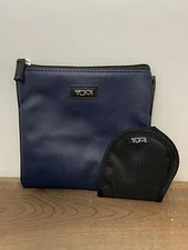 TUMI Toiletry Bag & Eye Mask Vegan Blue Faux Leather Vertical Style 6.75x6.5 EUC
