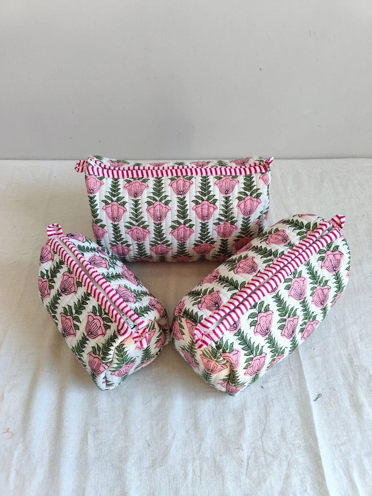 Set Of 3 Cotton Quilted Makeup Bag & Organizer, Cotton Toiletry Case, Makeup Bag