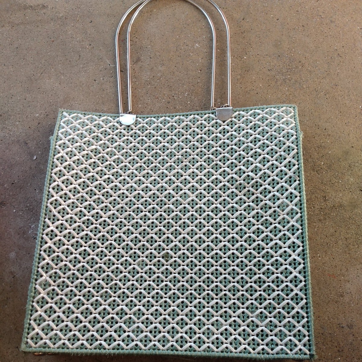 Hand Woven Plastic Tote Bag Green Basketweave Retro 70s Sturdy Purse