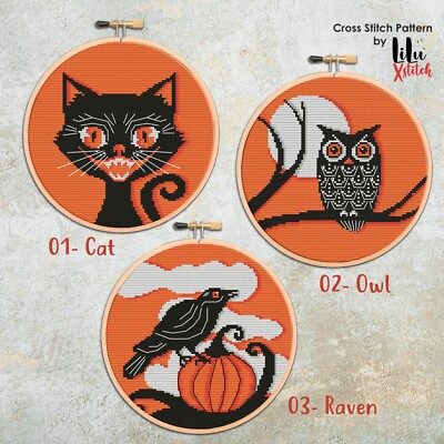 Vintage Halloween Katze, Eule und Rabe Kreuzstichmuster, Tabelle von LiluXstitch