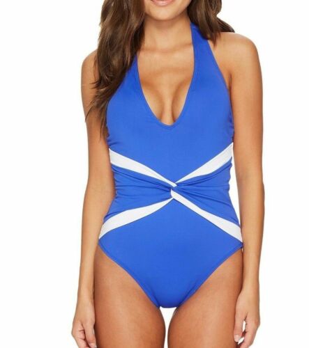 LAUREN RALPH LAUREN Plunge Halter Twist Swimsuit 4 CPB Blue Tummy Control