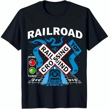 Black Railroad Crossing Graphic T-Shirt with Design Blue & White
