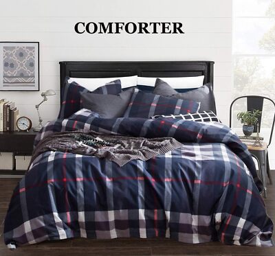 Queen Size Navy Blue Plaid Comforter Set for Men PCS Comforter  Pillowcases