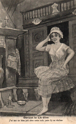 Old postcard in front of the closed bed. ''I made a very nice dream tonight...'' - Ed. Sorel