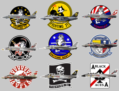 SET MIT 9 AUFKLEBERN TOMCAT F14 FLUGZEUG USA NAVY AUFKLEBER F-14 SQUADRON FIGHTING