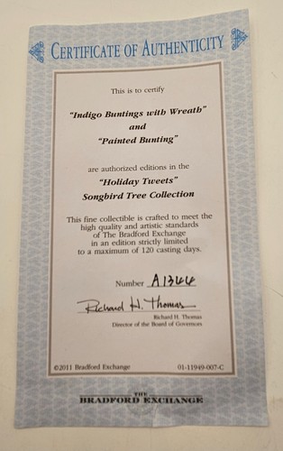 Bradford Exchange 2011 Holiday Tweets Indigo Buntings & Painted Bunting COA - Picture 15 of 15