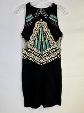 VTG Y2K Free People Short Fitted Stretch Cotton Dress Sz S Black Boho Aztec Geo