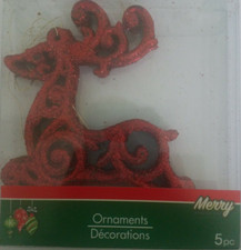Red Glitter Reindeer Christmas Tree Ornament 1 Set Of 5 Ornaments In Box-NEW