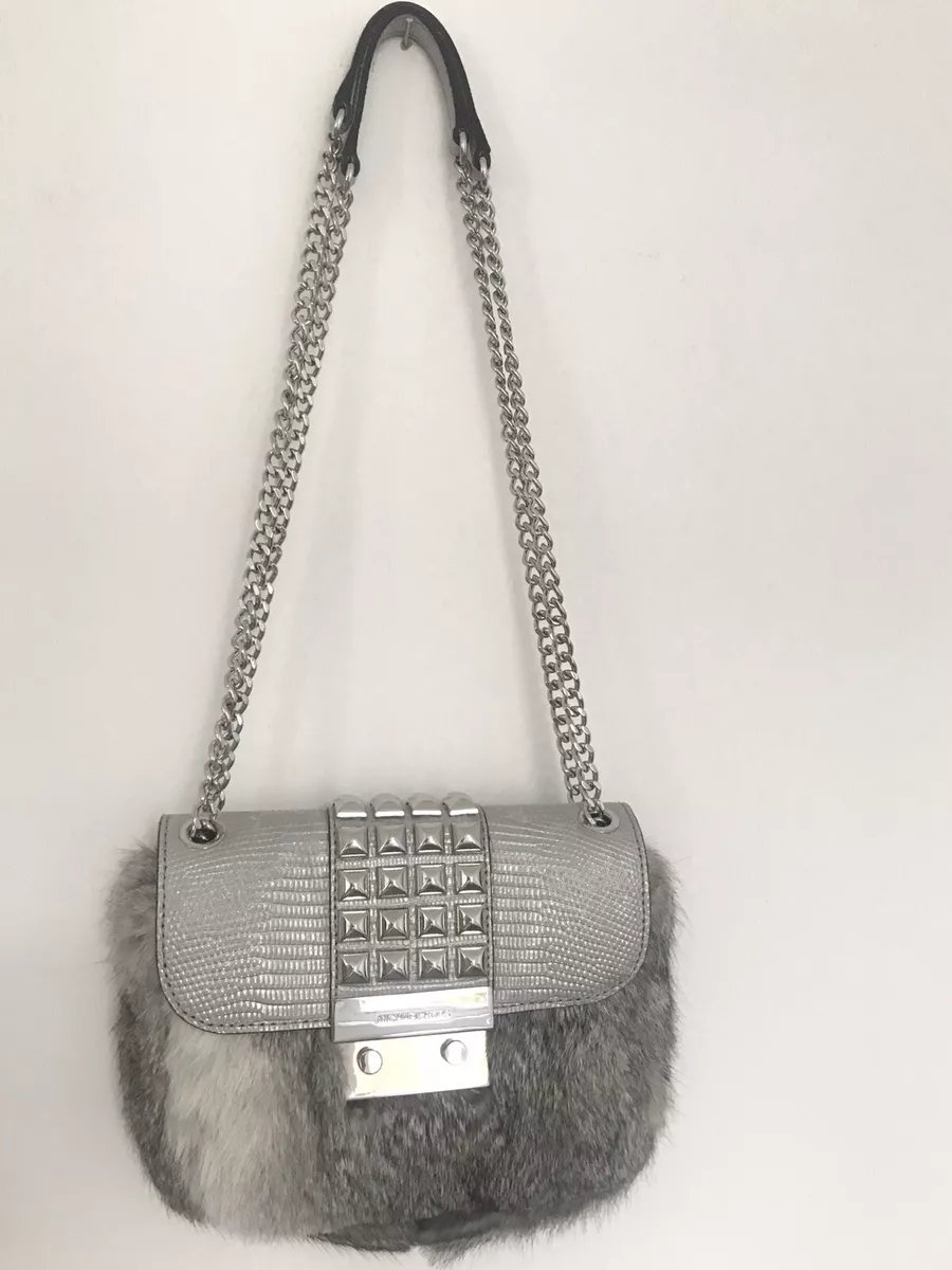 Michael Kors Fur Grey Stud Flap Chain Cross body Shoulder Bag