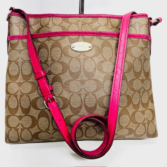 Coach Monogram Crossbody Bag with Adjustable Strap & Inner Pockets in Pink Brown (C89)-image