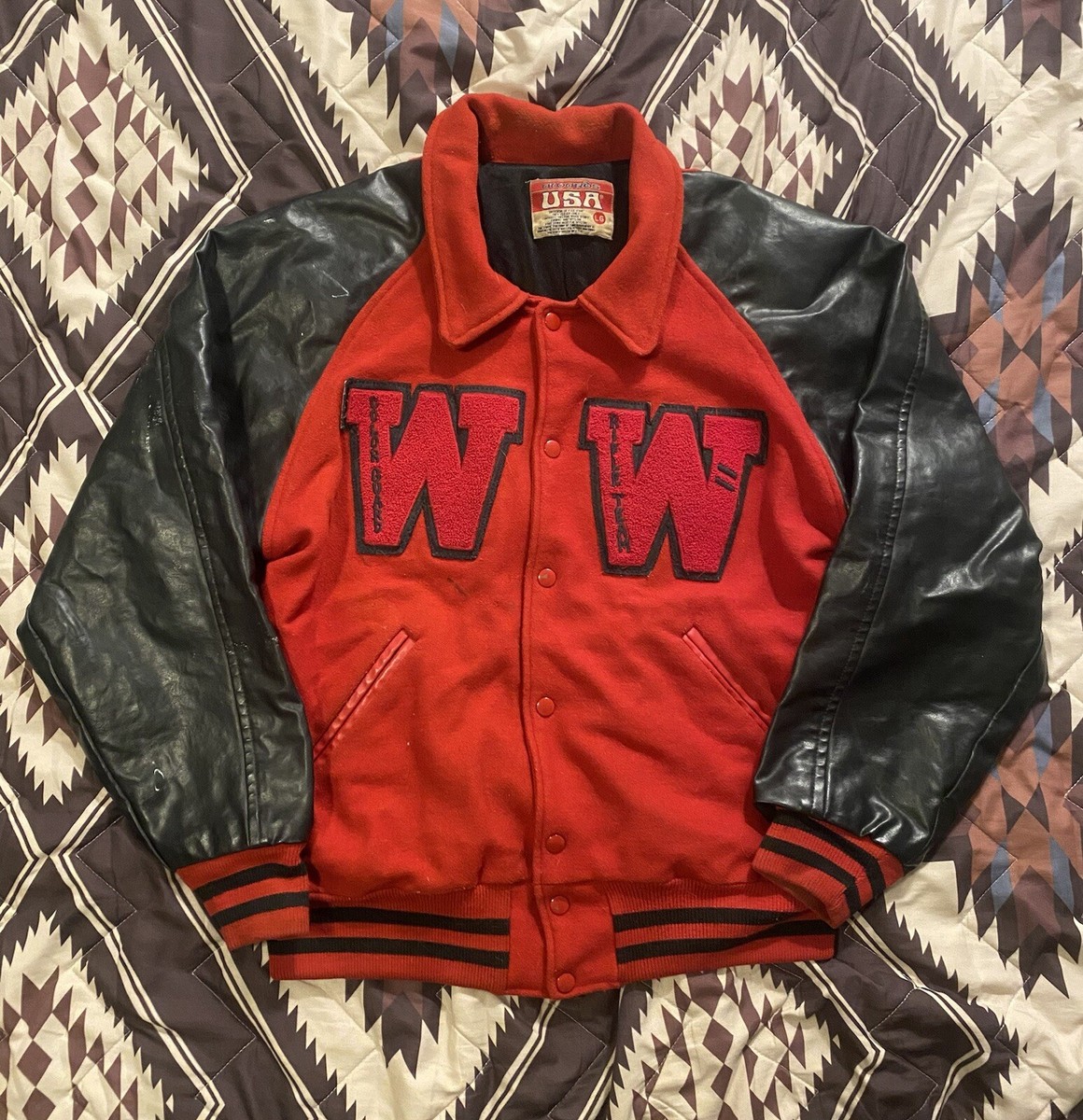 Vintage Awards USA Letterman Varsity Jacket Red & Black W Rifle