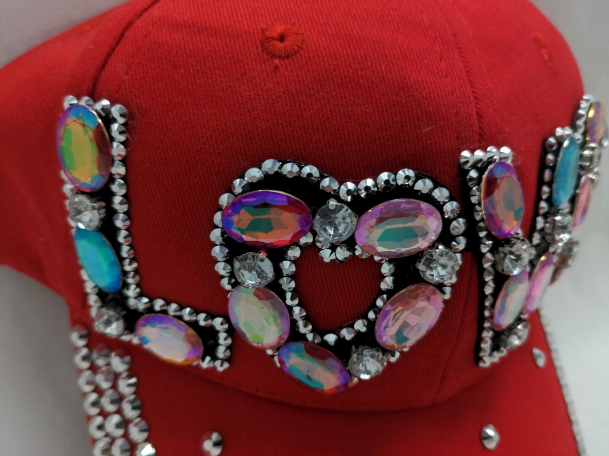 LOVE Women Red Cap Hat Bling Rhinestones Colorful Stones  display picture 1