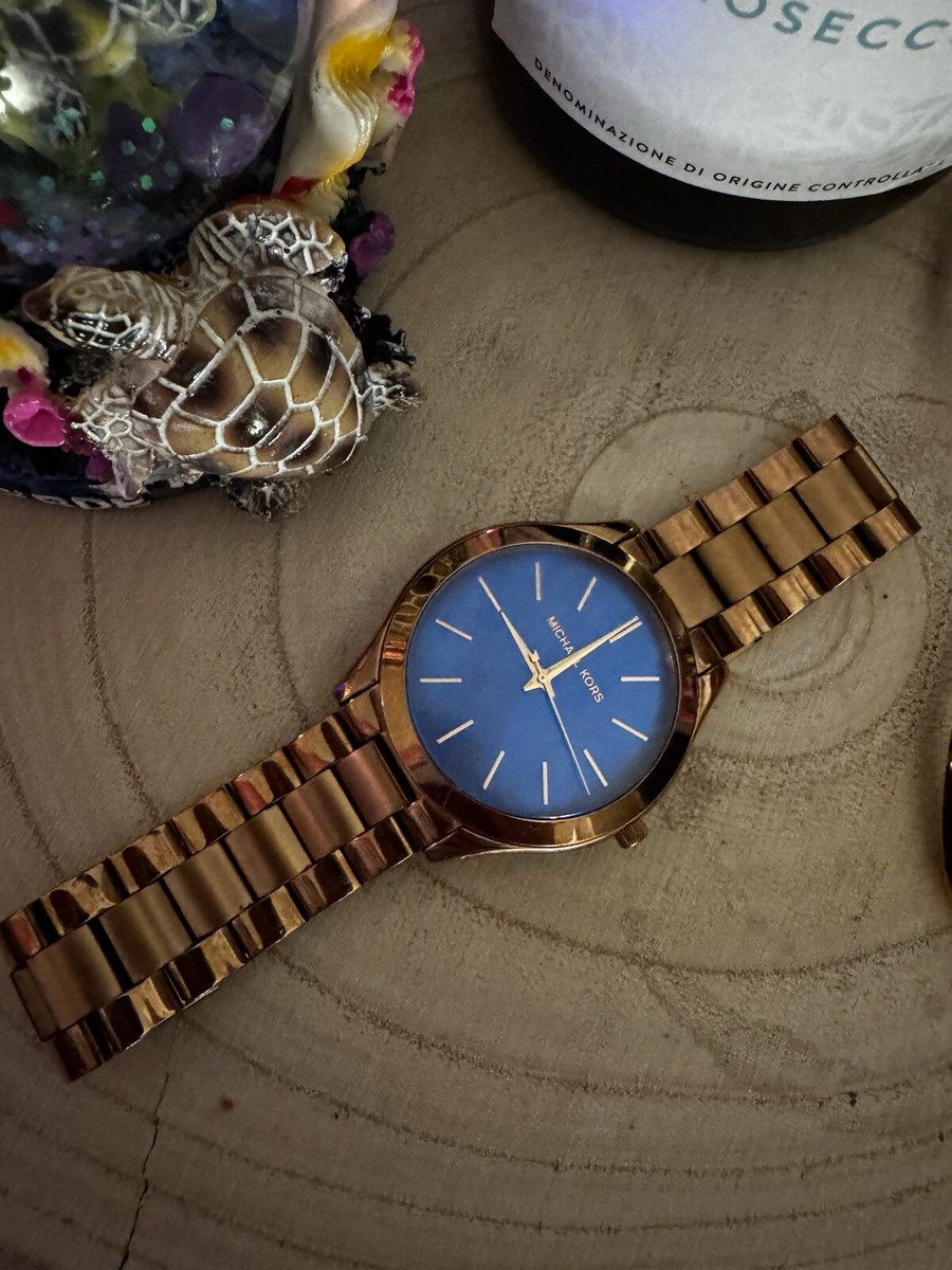 Michael Kors Ladies Slim Runway Rose Gold Dark Blue Watch MK3494 - Main Image