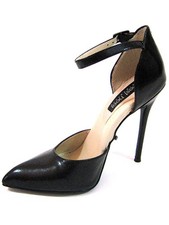 Highest Heel Womens 4.5" Metal d'Orsay Pump Ankle Strap Black Kid PU Shoes