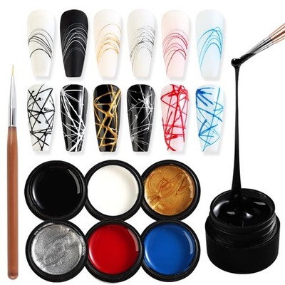 6 Colors Spider Gel Set Elastic Drawing Spider Gel with Nail Art Brush White