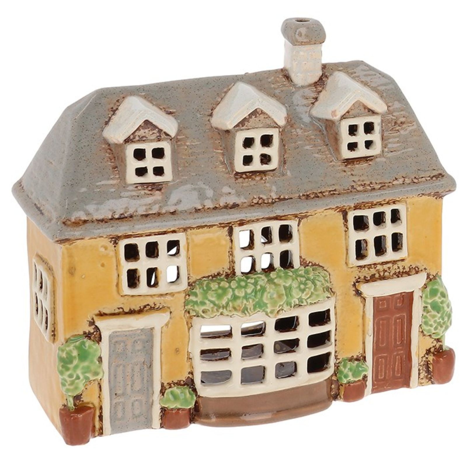 Village Pottery Yellow Terraced House with Bay Window Tealight Holder JD362423