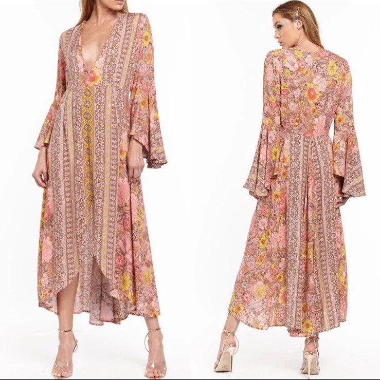 Aratta Silent Journey Feelings Dress Midi Maxi Sz L Boho Hippie Bell Sleeve - Image 2 of 4