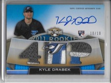2011 Topps Triple Threads KYLE DRABEK SAPPHIRE AUTO PATCH RC #10/10 BLUE JAYS!