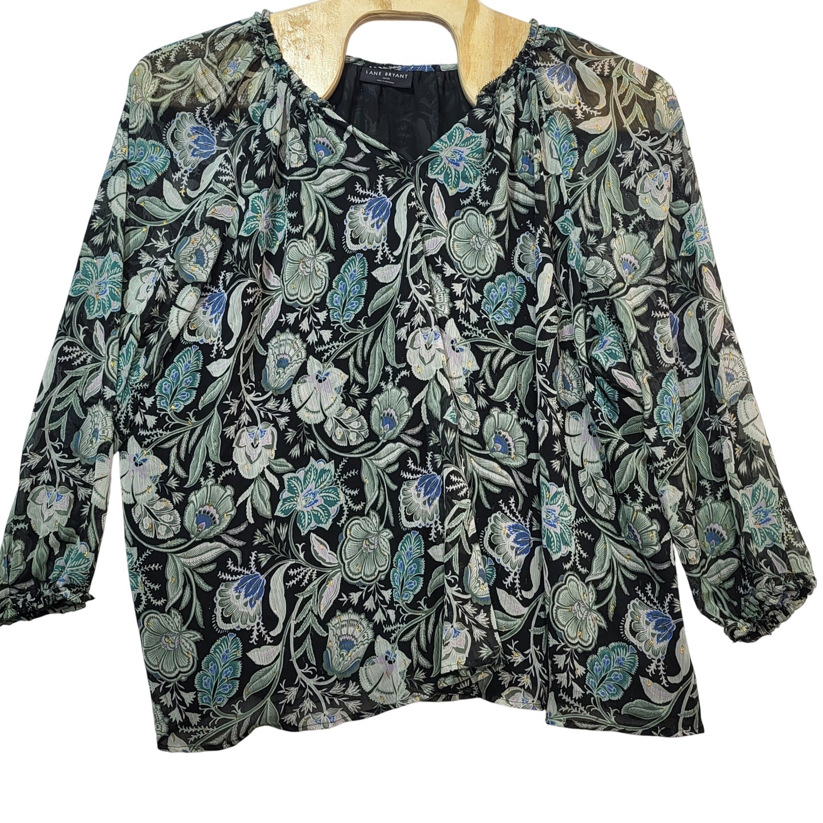 Lane Bryant Floral Metallic Sheer Blouse Black Green Blue Plus Size 26/28
