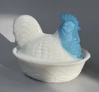 Hen On Nest Westmoreland Opaque Milk Glass Blue Head Glows UV Reactive Vintage