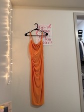 ZARA Orange Ruched Slip Dress S Cowl Neck Adjustable Straps Jersey