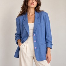 Vintage 90s Blue Linen Blend Oversized Blazer Relaxed Tailoring Minimalist