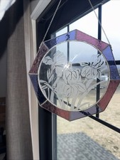 Handcrafted Stained Glass Sun Catcher Etched Iris Purple Pink 10 inches