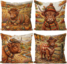 Fall Pillow Covers 18X18 Inch Set of 4 Highland Cow Throw Pillow Covers Cow Deco