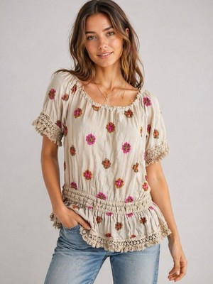 Sunday Tropez Womens Floral Embroidered Ruched Mini Dress Beige Size One Size