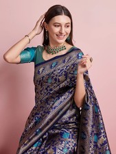 Banarasi Silk Saree  Blue  Printed Indian Pakistani Designer Wedding Sari