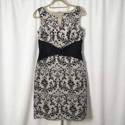 Liz Claiborne Dress Woman 6 Linen Black Beige Damask Sleeveless Sheath Babydoll